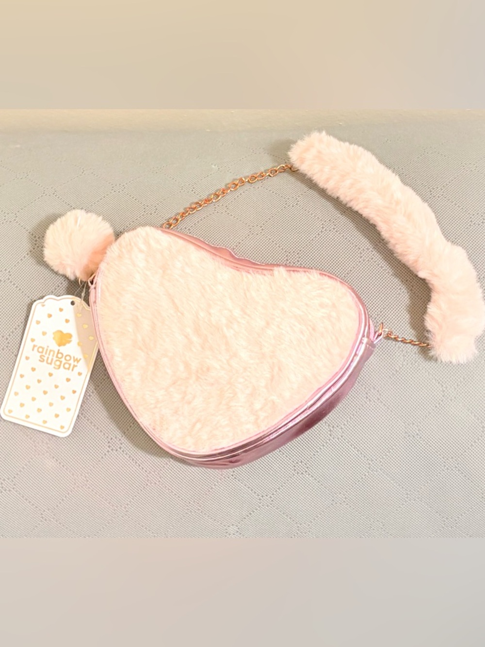 Pink Faux Fur Heart Mini Crossbody Bag with Gold Chain Strap